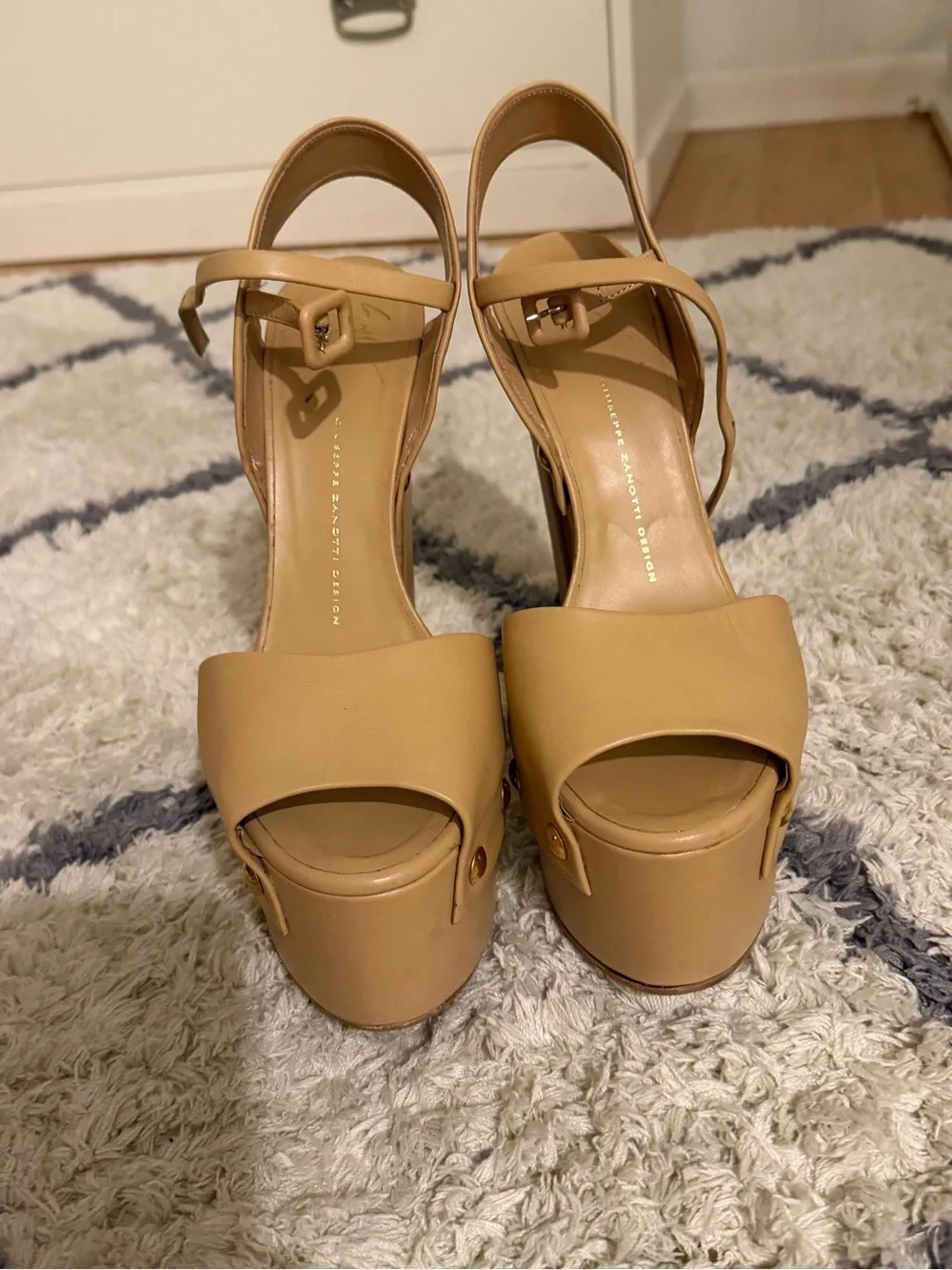 Giuseppe Zanotti Tan Platform Peep-Toe Sandals with Gold Studs